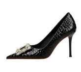 Metallic Square Rhinestone Croc Pump Heels EU 33 / Black / 9.5CM